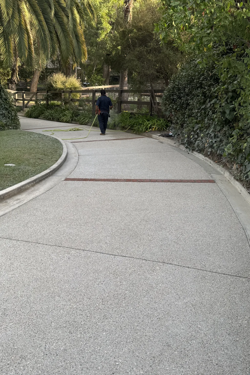 Exposed aggregate driveway curving between lawn and hedge
